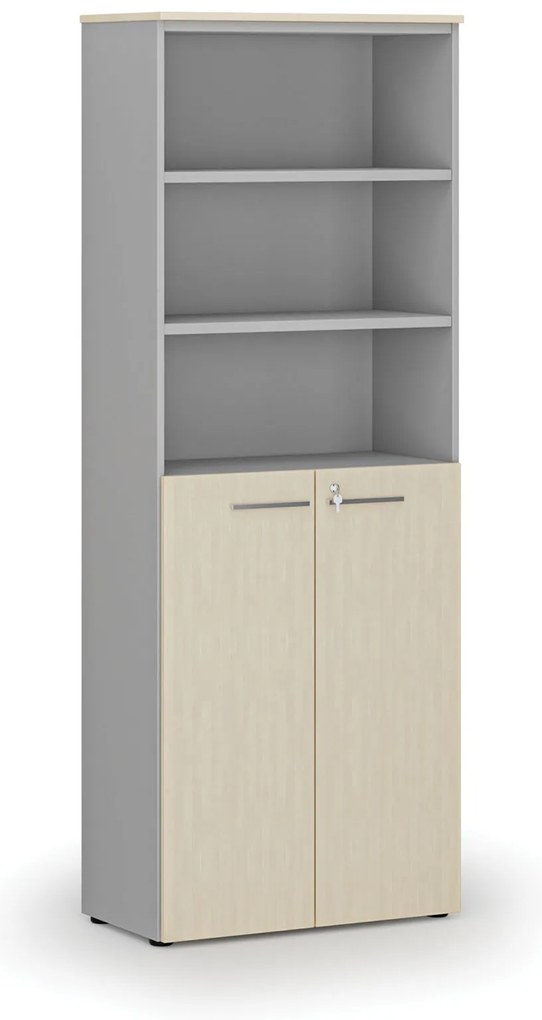 Szafa biurowa kombinowana PRIMA GRAY, drzwi na 3 poziomach, 800 x 420 x 2128 mm, szary/brzoza