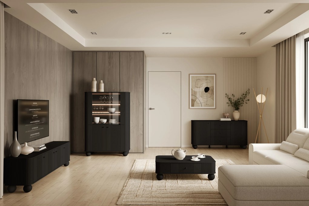 Witryna Vesper do salonu - czarny / czarne uchwyty / nogi kule