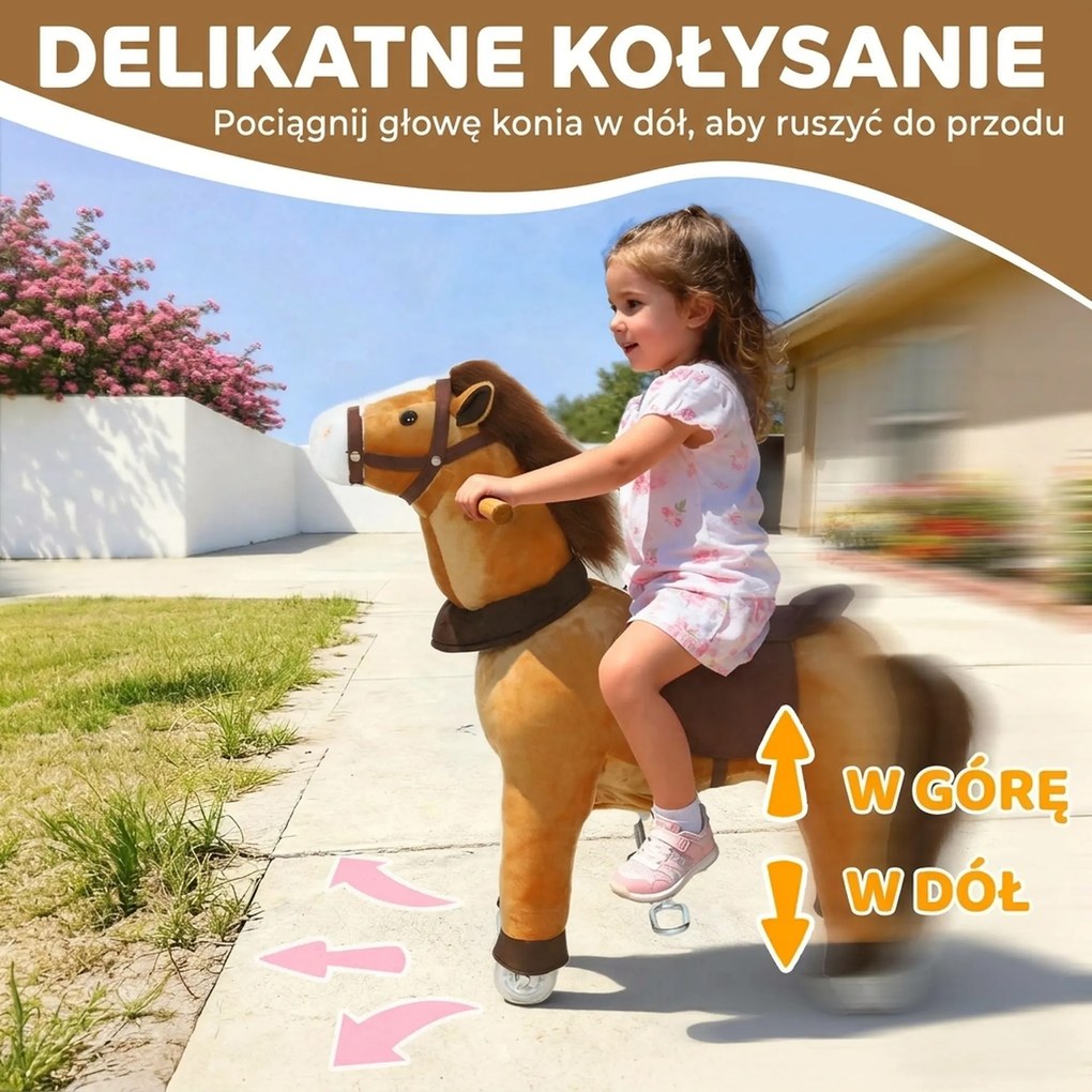 AIYAPLAY Konik do jazdy dla dzieci, materiałowe pokrycie, stabilna rama, delikatne kółka, konik na biegunach, 3-5 lat, ciemnobrązowy