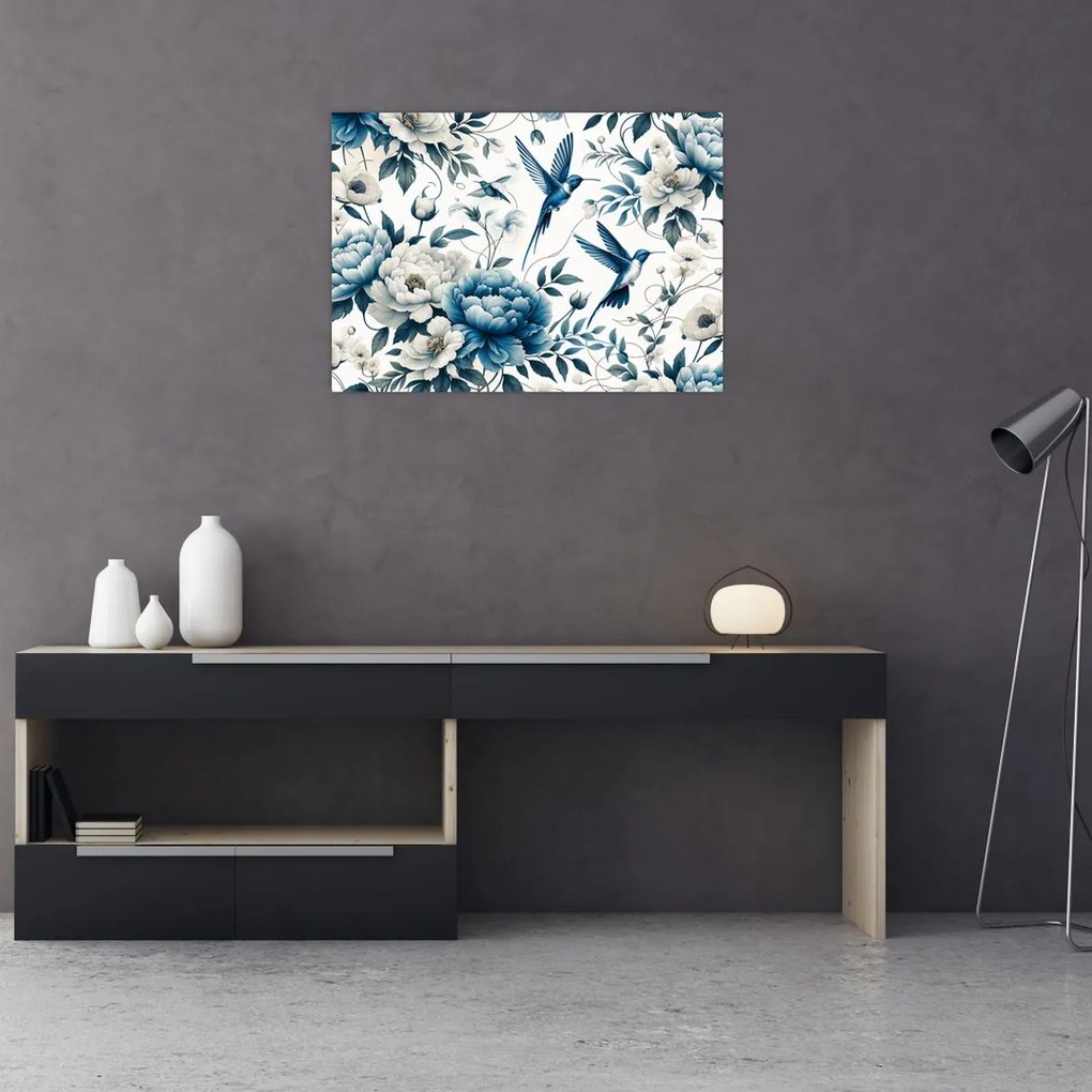 Obraz - Kolibry z kwiatami (70x50 cm)