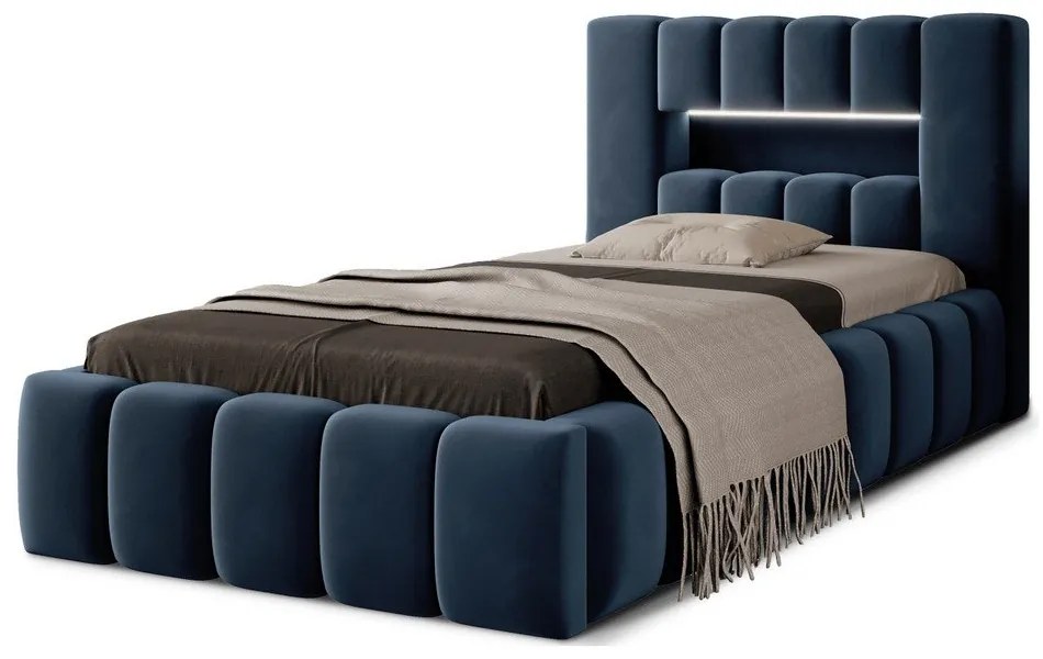 Ciemnoniebieskie tapicerowane łóżko jednoosobowe ze schowkiem ze stelażem 90x200 cm Lamica – ELTAP