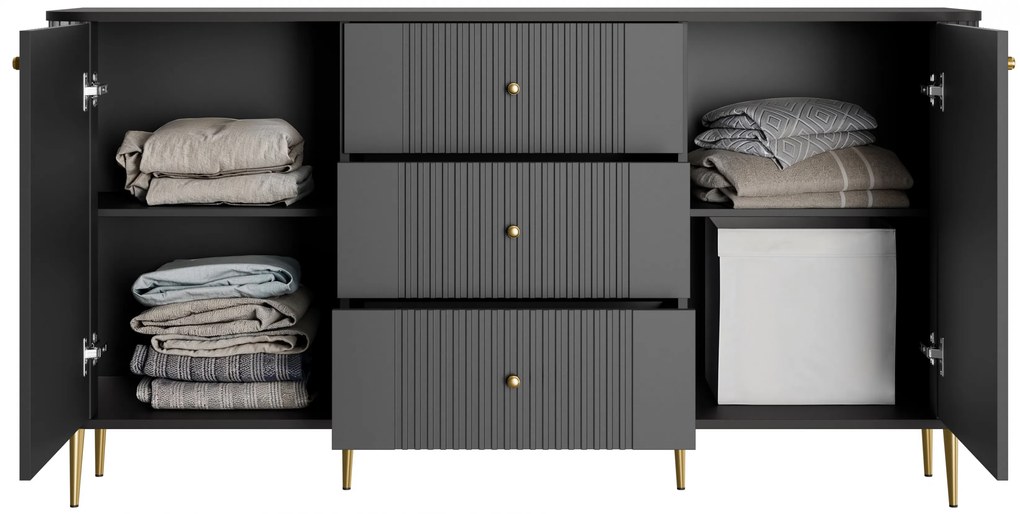 Komoda Vesper 160 cm z szufladami na nóżkach - czarny / złote nogi