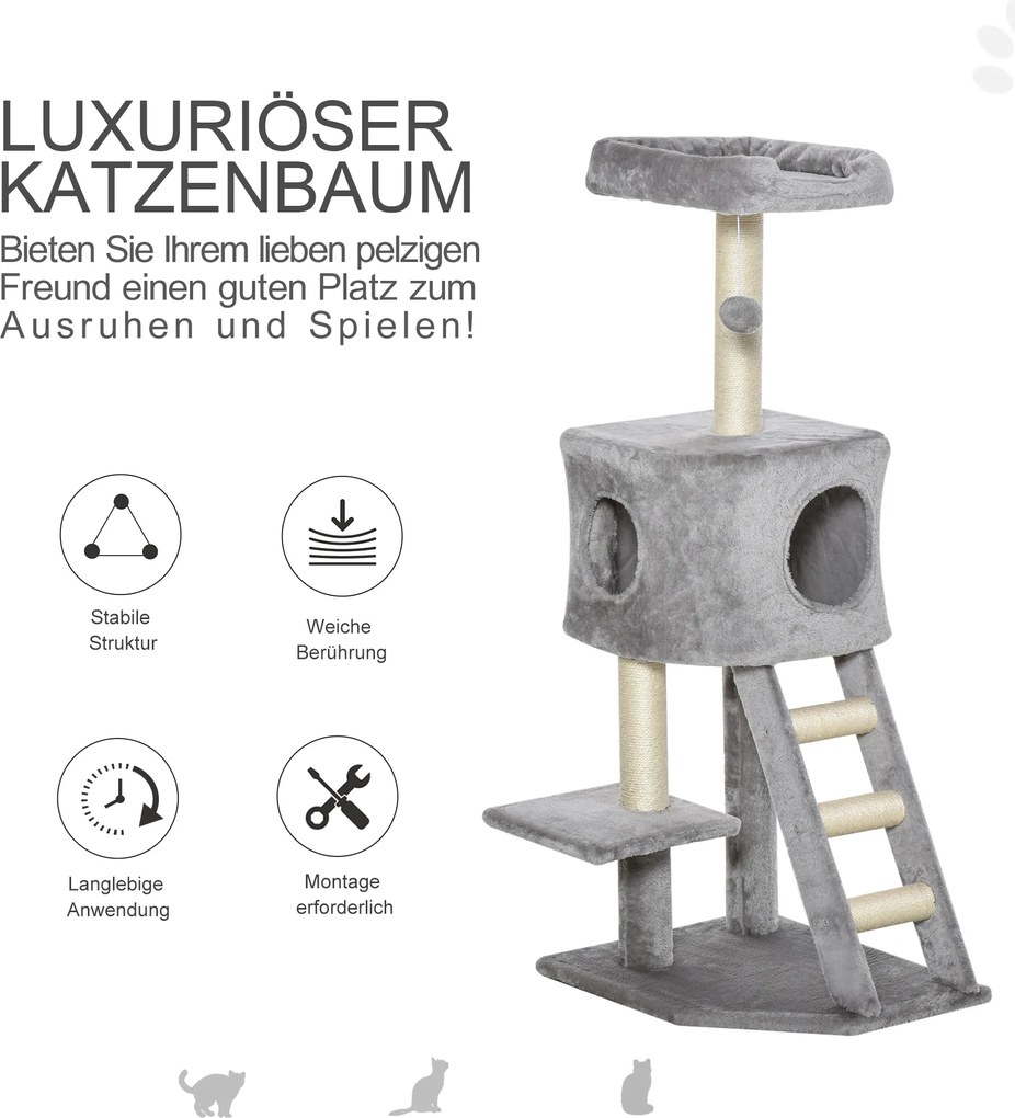 3 Drapak dla kota z jaskinią i drabinką plus miękka poduszka z MDF E1 i sizalu w kolorze jasnoszarym idealny do ostrzenia pazurów | Aosom PL