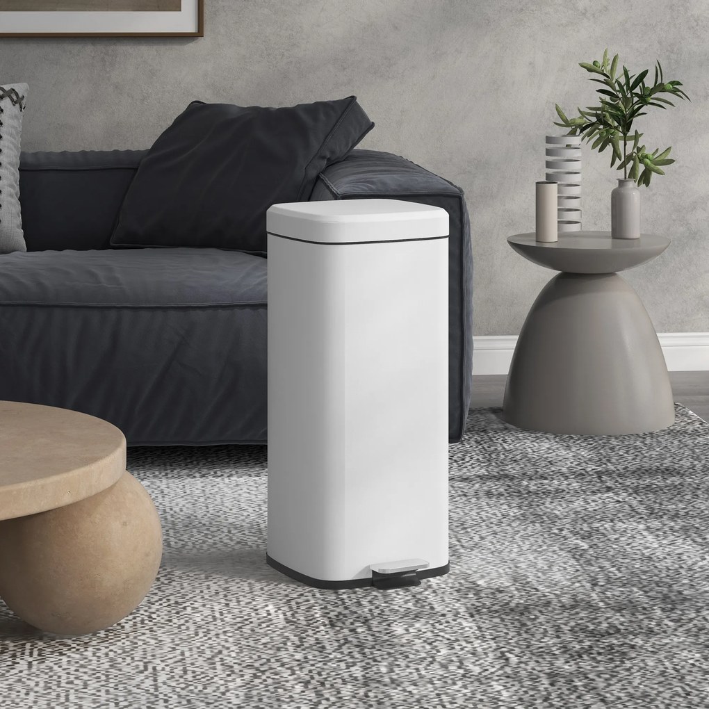 HOMCOM Kosz na śmieci 30L, pokrywa Soft-Close, odporny na odciski, pedał, Metal/Tworzywo sztuczne, 28x35x63,5 cm, Biały