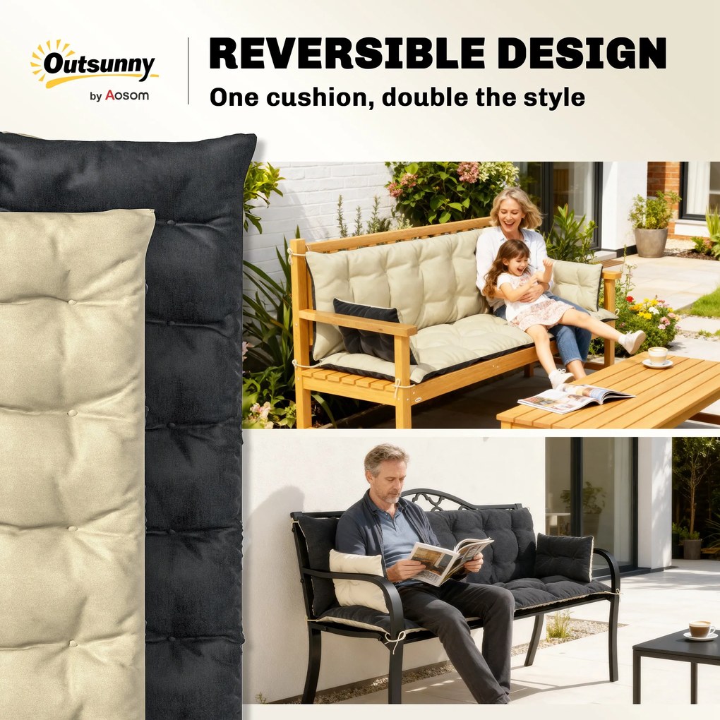 Outsunny Zestaw poduszek zewnętrznych na ławkę lub huśtawkę ogrodową, dwukolorowy, Poliester, Pianka, 180 x 110 x 8 cm, Beż+Czarny