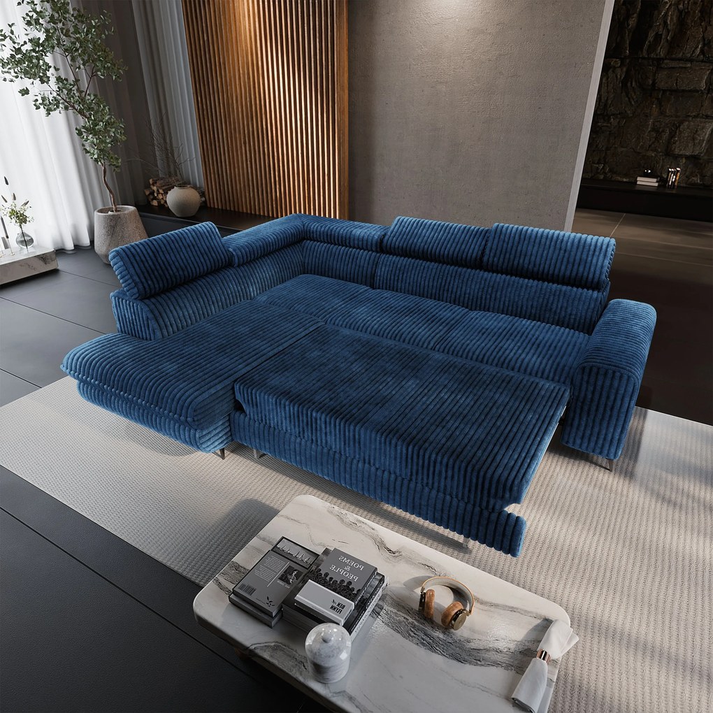 Masseno Narożnik VELISS z funkcją spania i pojemnikiem na pościel Rozkładana sofa do Salonu - Niebieski, TILIA 77