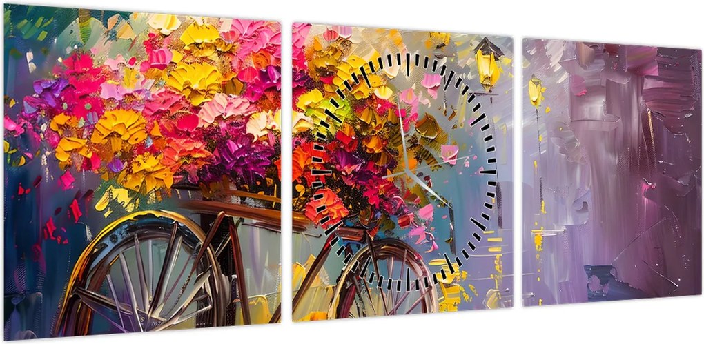 Obraz - Koło z kwiatami (z zegarem) (90x30 cm)