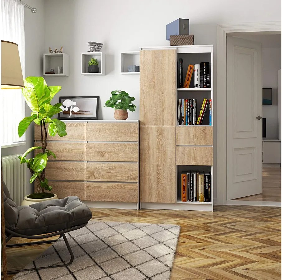 Regał AKORD R15 Biały 80 cm 2 drzwi 2 szuflady kolor Dąb Sonoma mat 7 półek 80x35x180 cm