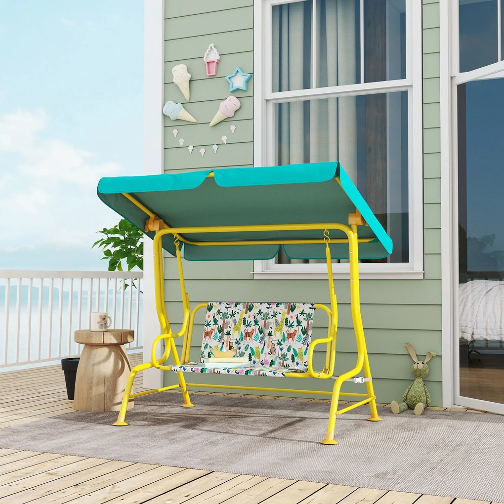 AIYAPLAY 2-osobowa dziecięca huśtawka Hollywood z regulowanym daszkiem przeciwsłonecznym pas bezpieczeństwa dla 3-6 lat do 60 kg 112x75x120cm zielony | Aosom PL