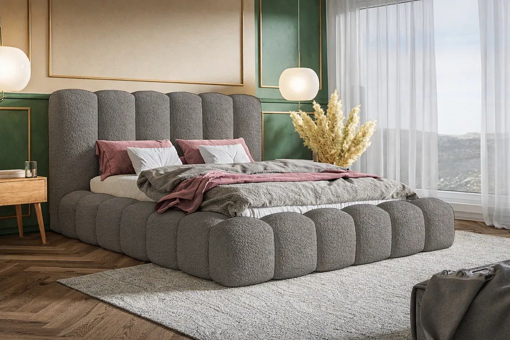 Łóżko tapicerowane 160x200 Madeno - gruba pianka, pojemnik, stelaż metalowy - tkanina boucle, szary (Catch Me 25)