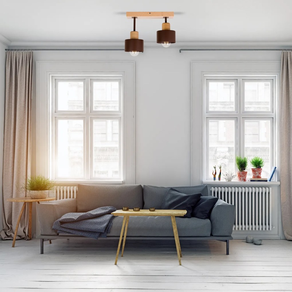 Brązowa lampa sufitowa, dwupunktowy spot DBR30x7BU z drewna i metalu E