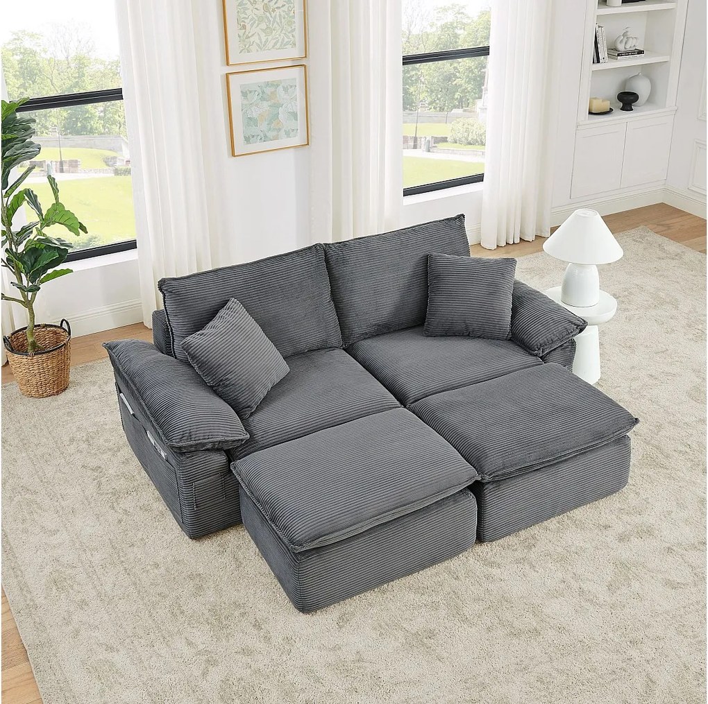 2-osobowa sofa modułowa z podnóżkiem i kieszeniami do przechowywania, z tkaniny, jasnoszara