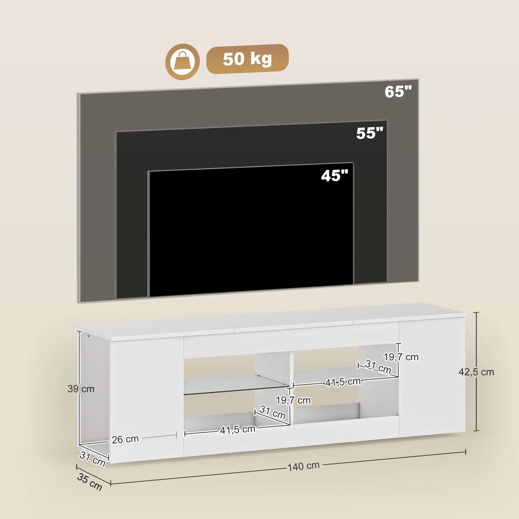 HOMCOM Stojak TV 140 cm, komoda RTV, 6 przegrodzeń, 2 szklane półki, płyta wiórowa, biały