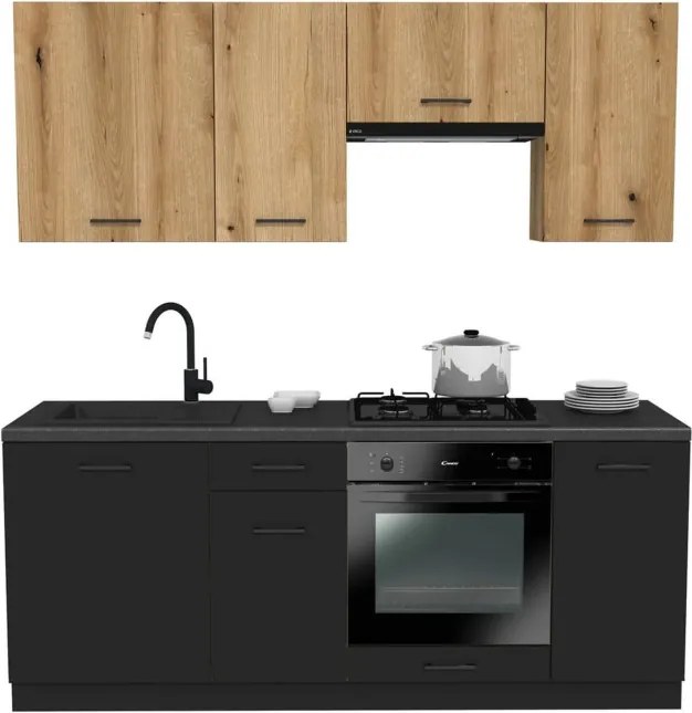 Zestaw Mebli Kuchennych MODERN 200 cm Czarny/Dąb Evoke Loftowy