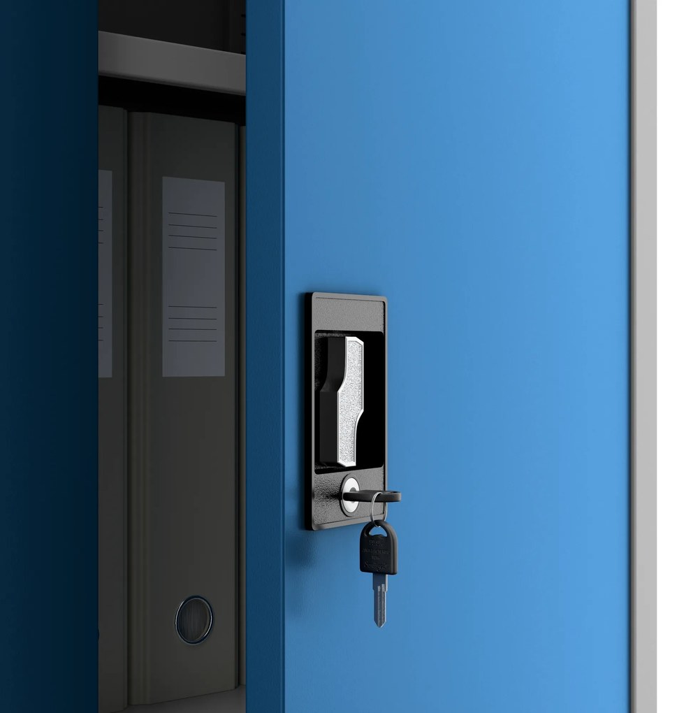 Szafa biurowa na dokumenty szaro-niebieska: JAN, 900 x 1850 x 400 mm