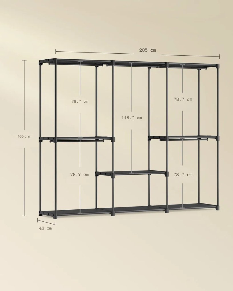 Otwarta szafa z półkami DRESSIO, 205x43x166 cm, czarna SongmicsHome