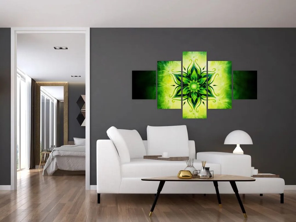 Obraz - Kwiatowa mandala na zielonym tle (125x70 cm)