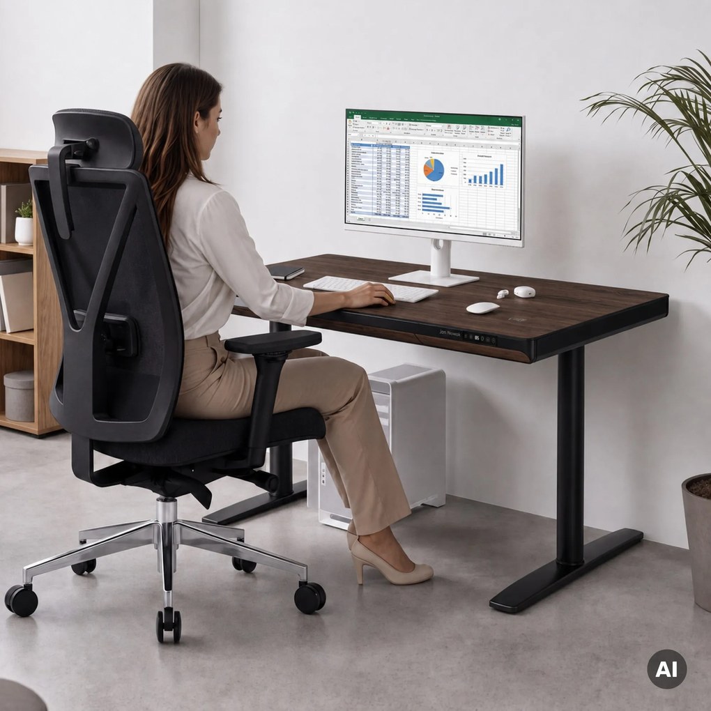Biurko elektryczne sit-stand z szufladą i ładowarką bezprzewodową Qi czarne/orzech, 1200 mm: ELLIS