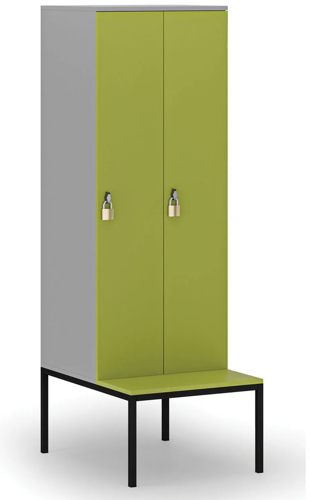 Drewniana szafa ubraniowa S4 z ławką, 2-drzwiowa, 1871 x 600 x 500/800 mm, demontaż, zamek obrotowy, szary/zielony