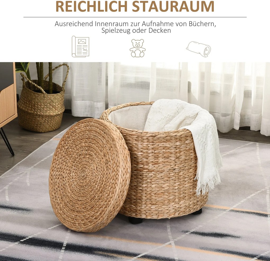 HOMCOM Stylowy Stołek ze Schowkiem - Pufa z Rattanu, Khaki Kolor - Ozdoba i Funkcjonalność