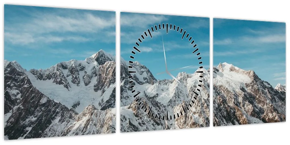 Obraz ośnieżonych szczytów, Fiordland (z zegarem) (90x30 cm)