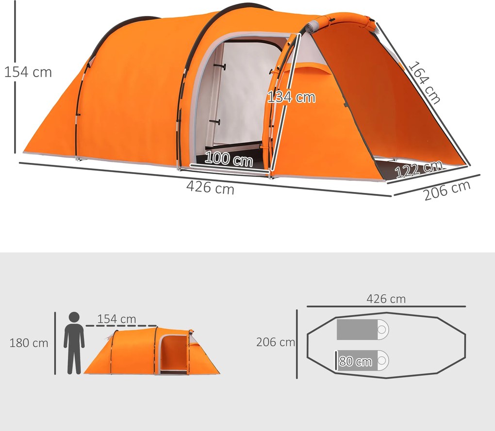 Outsunny Namiot tunelowy dla 2-3 osób, namiot kempingowy z przedsionkiem, haczyk na lampę, 2000 mm słupa wody, Pomarańczowy | Aosom PL