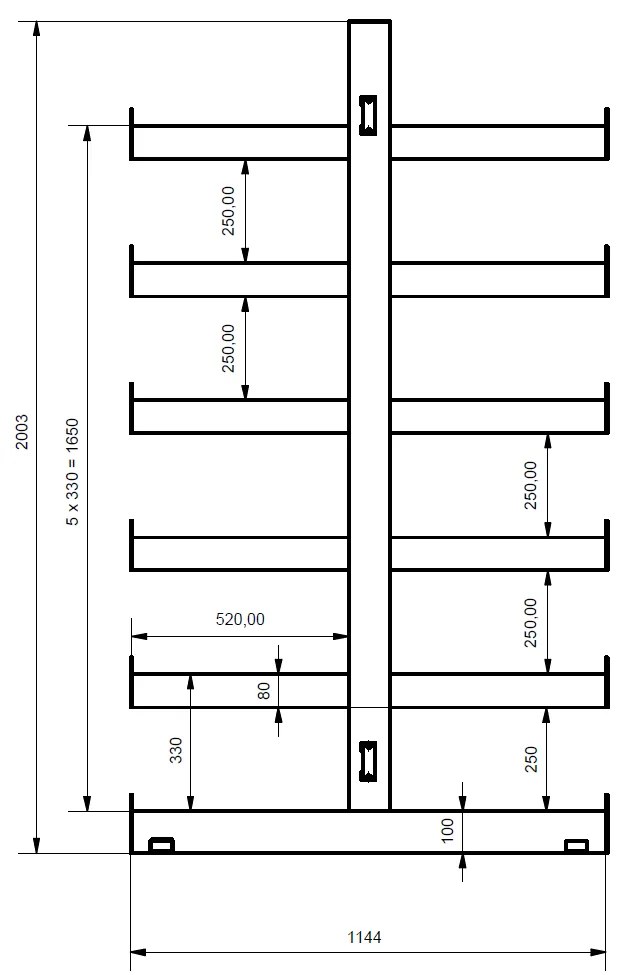 Regał wspornikowy dodatkowy, dwustronny, 2000 x 1330 x 1144 mm, 6 półek