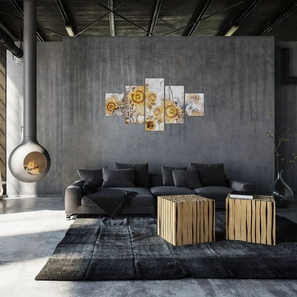 Obraz - Słoneczniki na ścianie (125x70 cm)