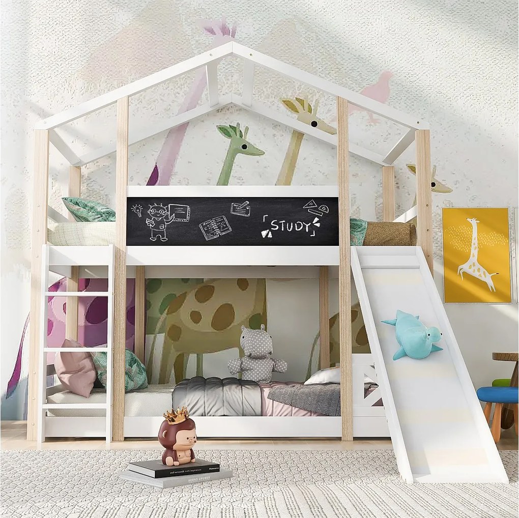 Łóżko piętrowe dla dzieci w kabinie - 2 x 90 x 200 cm - ze zjeżdżalnią, drabinką i stelażem - drewno - kolor naturalny i biały