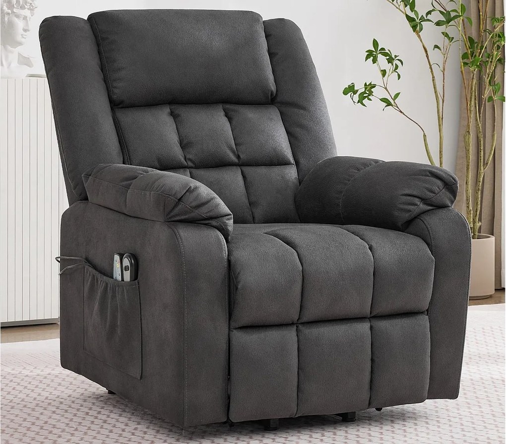 Fotel - z funkcją masażu - z funkcją grzewczą - z podnóżkiem - 2 boczne kieszenie + uchwyt na kubek - port USB - szary