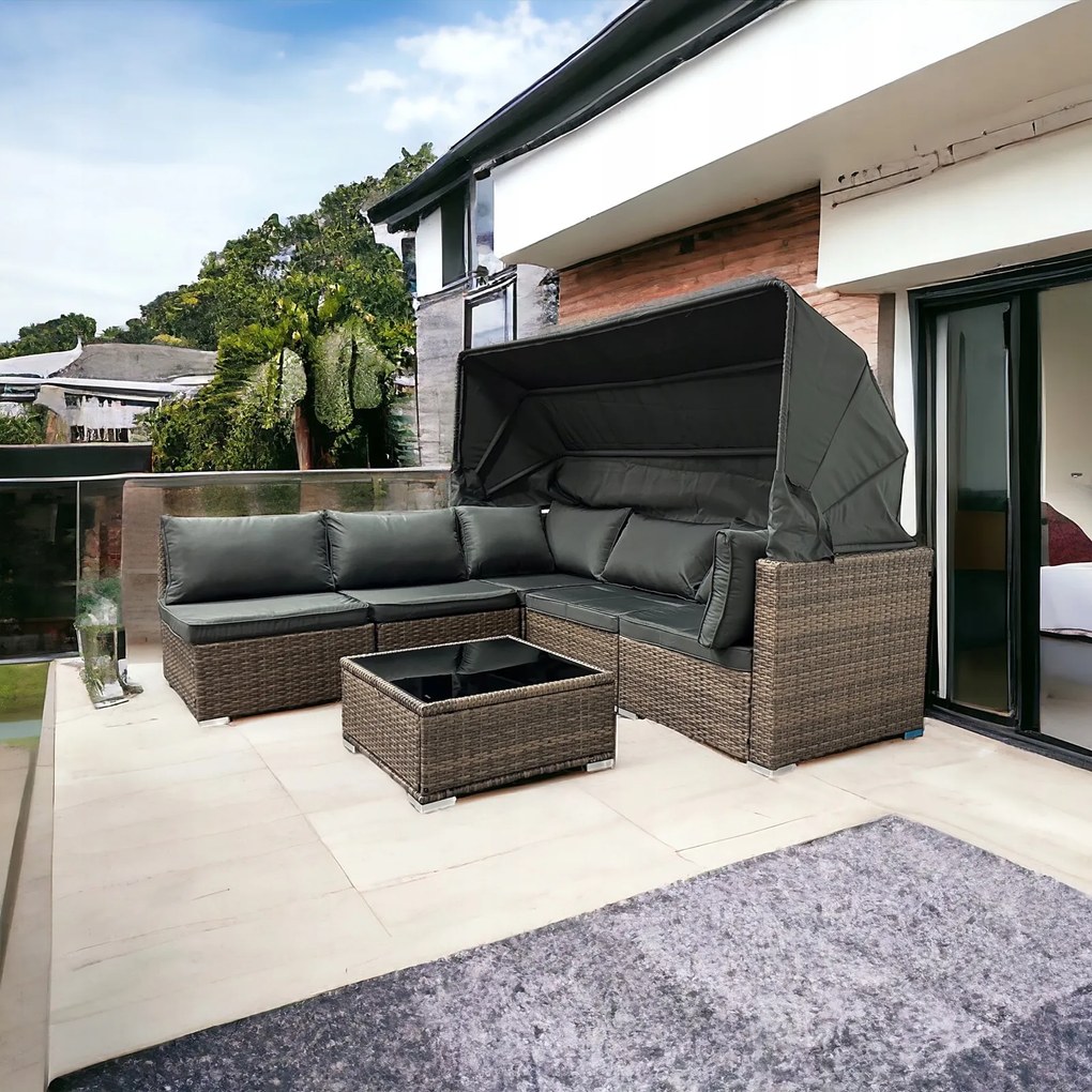 Wielofunkcyjny zestaw mebli ogrodowych - narożnik, leżanka z daszkiem Galicja 101 jasny brąz, poduszki szare