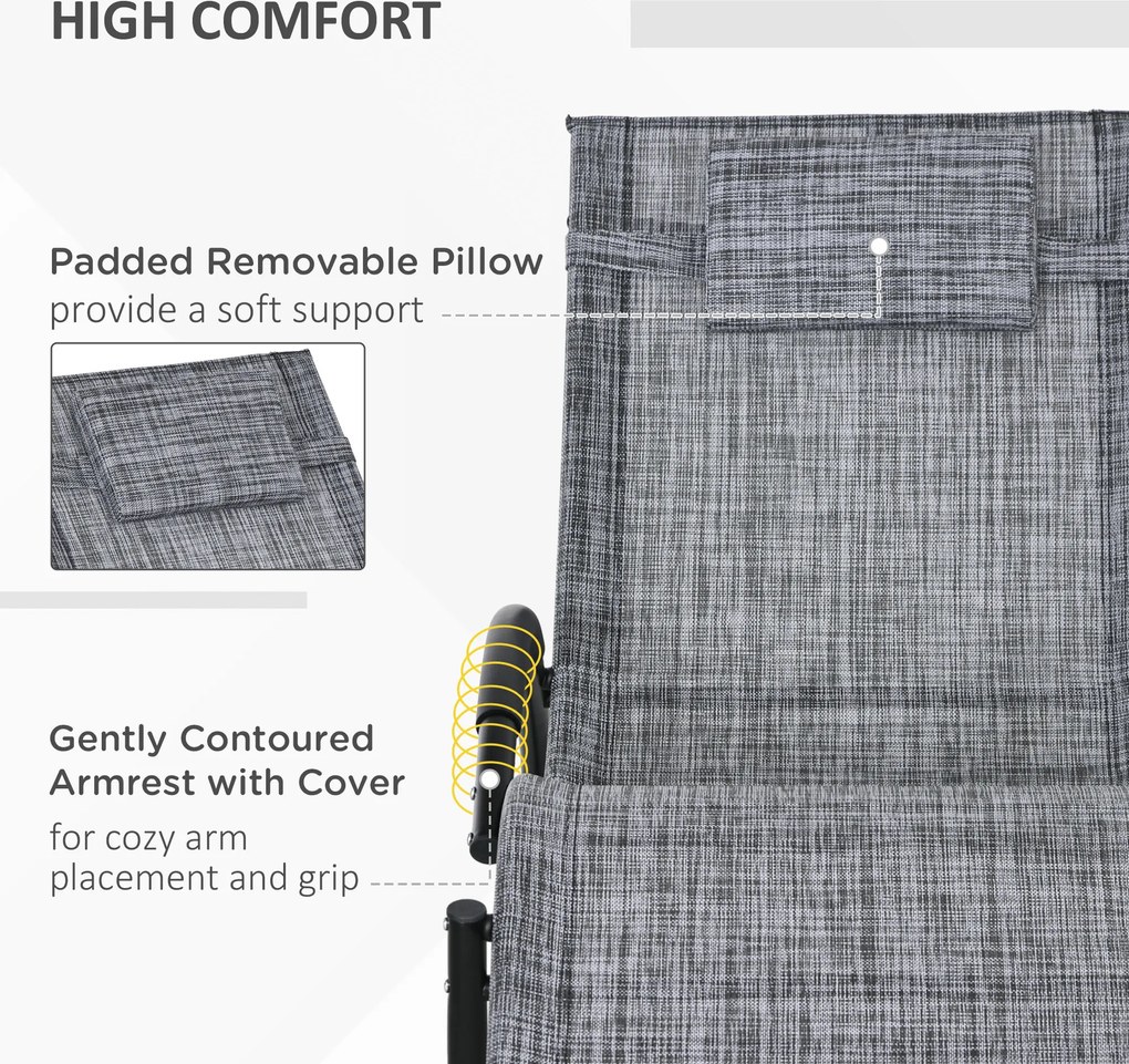 Outsunny Fotel bujany ogrodowy Leżak, w tym Poduszka pod głowę, 155 cm x 61cm x 88 cm, Szary