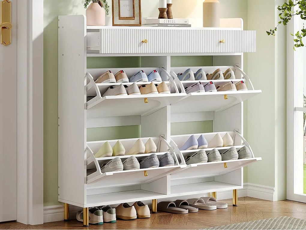 Szafa na buty 106.5x25x105.5cm - z 4 drzwiami uchylnymi i 2 szufladami - biały