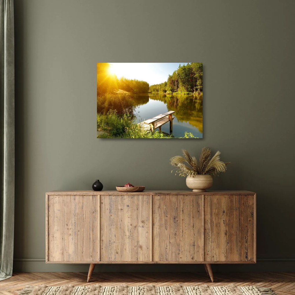 Obraz na szkle - Jezioro w pobliżu lasu (70x50 cm)
