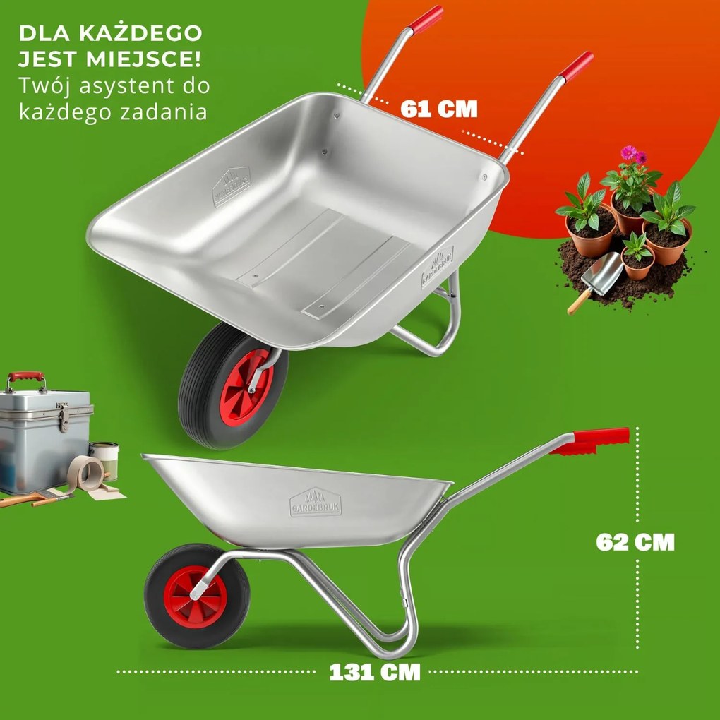 Taczka ogrodowa ocynkowana LARRY, max. pojemność 80l/100kg, srebrna/czarna Gardebruk
