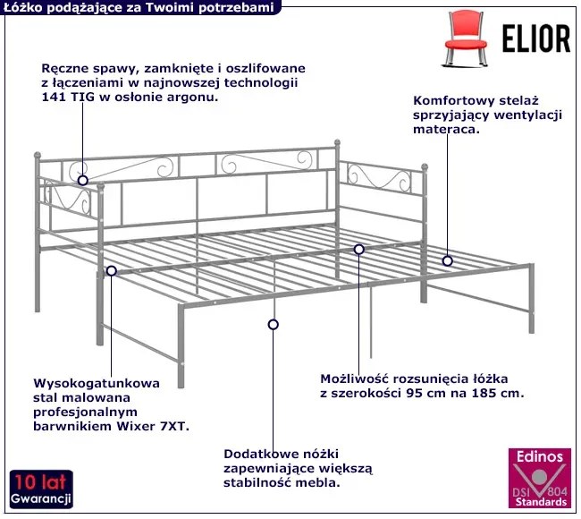 Szare metalowe łóżko rozkładane 90x200 cm Idio