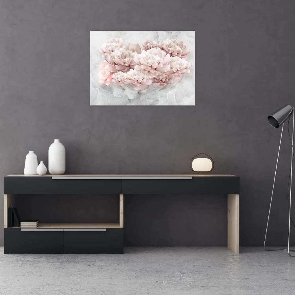 Obraz - Różowe kwiaty na ścianie (70x50 cm)
