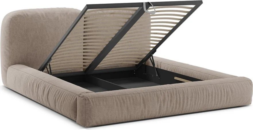 Jasnobrązowe tapicerowane łóżko dwuosobowe ze schowkiem i stelażem 180x200 cm Martina – Micadoni