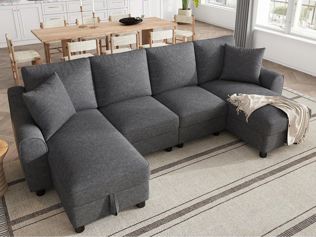 Nowoczesna sofa narożna w kształcie U 280×137×84 cm - zawiera dwie poduszki - z miejscem do przechowywania - tkanina chenille - szara