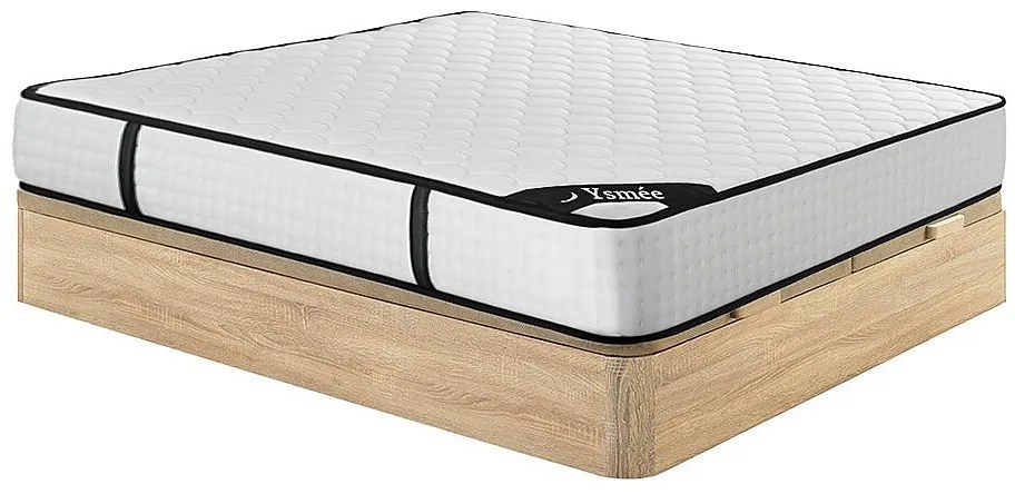 Zestaw 180 x 200 cm: stelaż skrzyniowy w jasnym naturalnym kolorze + materac z 7-strefowymi sprężynami kieszeniowymi i pianką memory o grubości 22 cm – LUREAN od YSMÉE