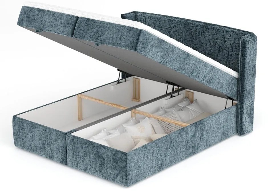 Niebieskie łóżko boxspring ze schowkiem 160x200 cm Passion – Maison de Rêve