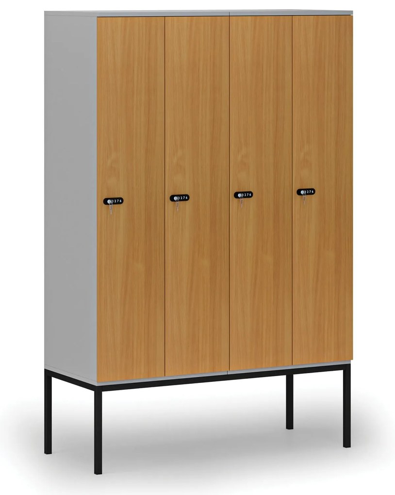 Drewniana szafa ubraniowa S4 z podstawą, 4-drzwiowa, 1871 x 1200 x 500 mm, demontaż, zamek mechaniczny z kodem, szary/buk