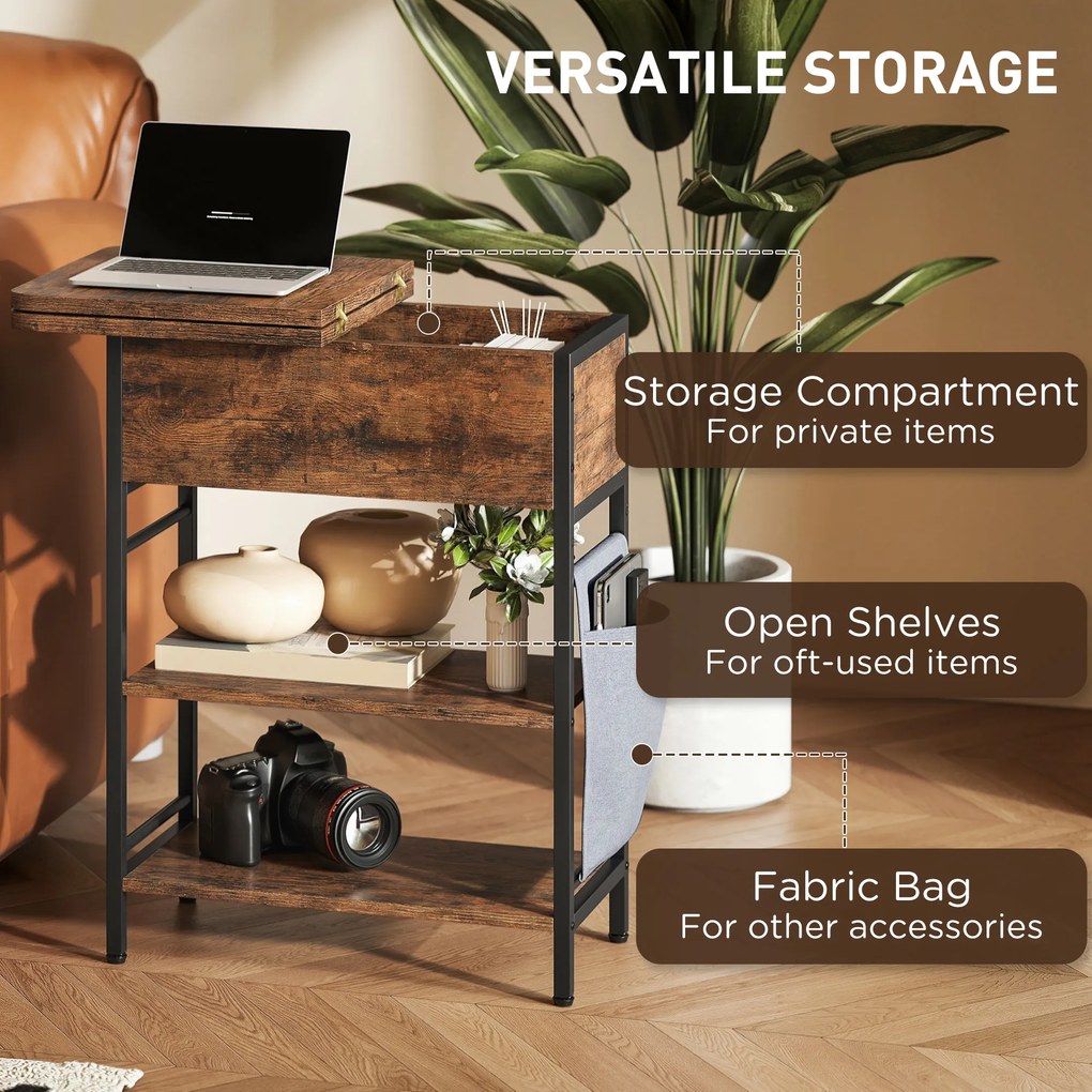 HOMCOM Stolik kawowy z gniazdkami, 2 poziomy, porty USB, schowek 60 x 29,8 x 58,5 cm Rustykalny Brąz