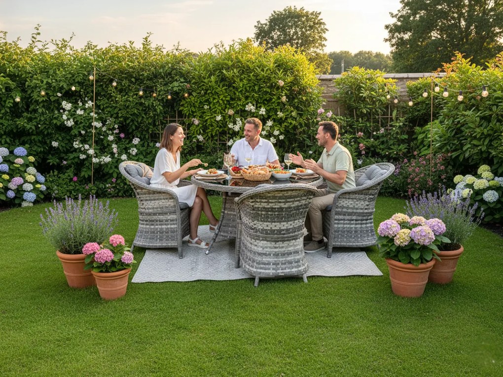 Zestaw mebli stołowych technorattan (4 fotele + okrągły stół) MODERNO jasno szary