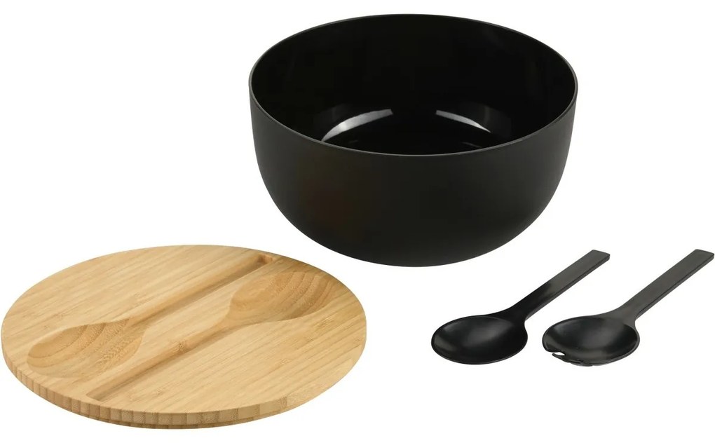 Kesper 58470 Miska sałatkowa z sztućcami ibambusową pokrywką 24 cm, czarna