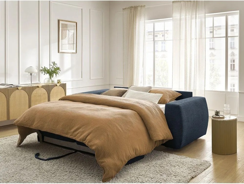 Ciemnoniebieska rozkładana sofa do spania z tkaniny szenilowej 240 cm Hugo – Bobochic Paris