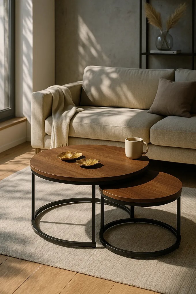 Komplet orzechowych okrągłych do kawy stolików P3-G17