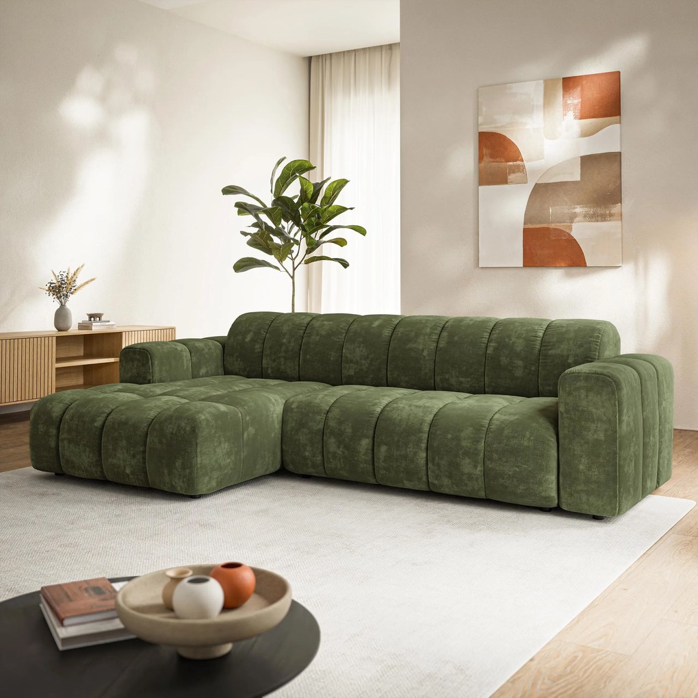 Masseno Narożnik SETIA Lewostronny, L-Kształtny, Nowoczesna Sofa narożna, Tkanina Szenilowa - Zielony, LUMO 20