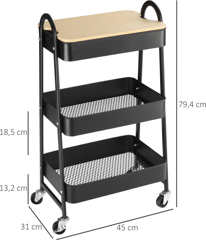 HOMCOM Wózek z 3 Koszami, Wózek Serwisowy, Metal, Tworzywo Sztuczne, Czarny