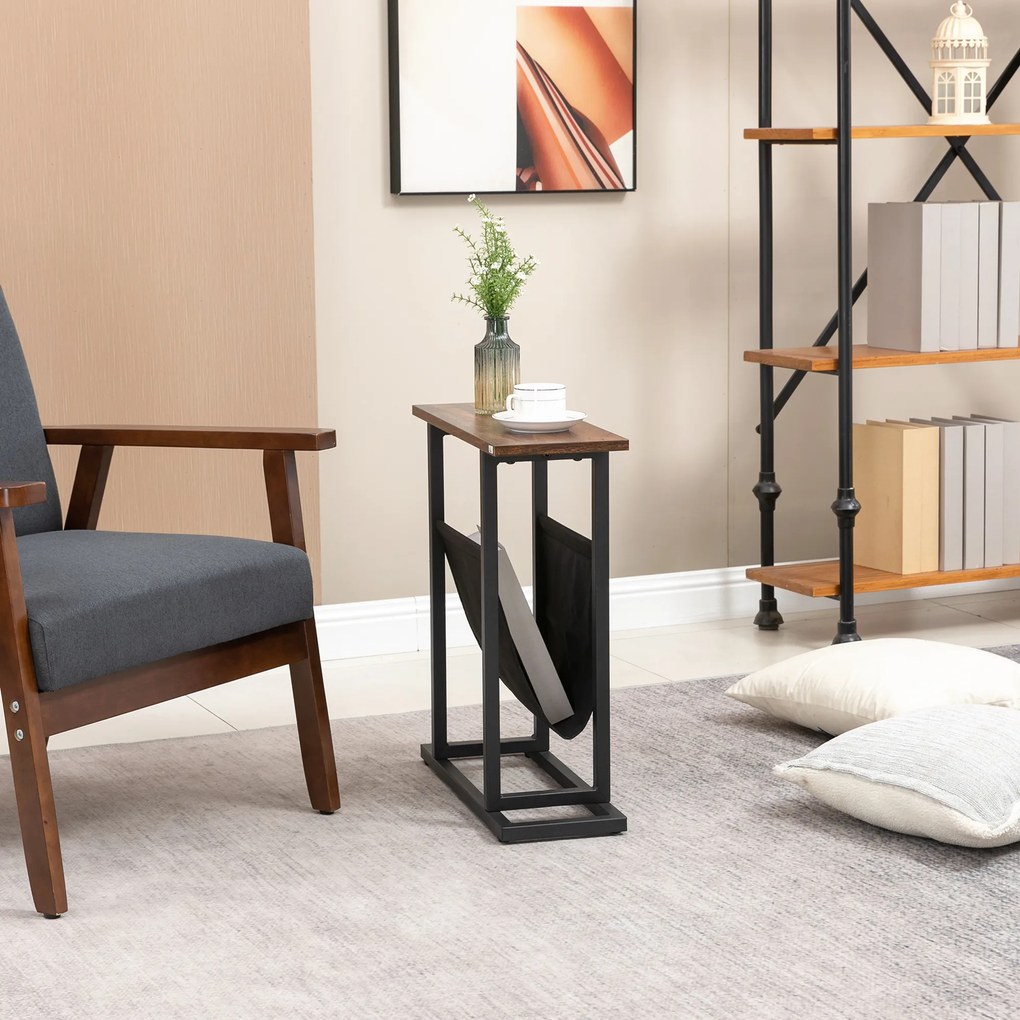 HOMCOM Stolik pomocniczy, stolik nocny, smukła konstrukcja, z kieszenią na materiały, stal, ciemnobrązowy+czarny, 49 x 19 x 55 cm